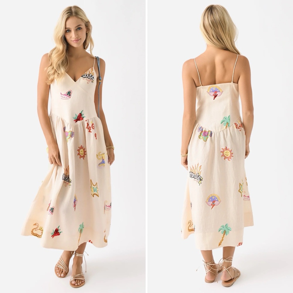 RHODE Sophie Linen Midi Dress Musical Print NWT Size 12